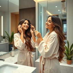 A realistic woman caring for her hair in a modern bathroom, wearing a long robe and looking happily at herself in the mirror