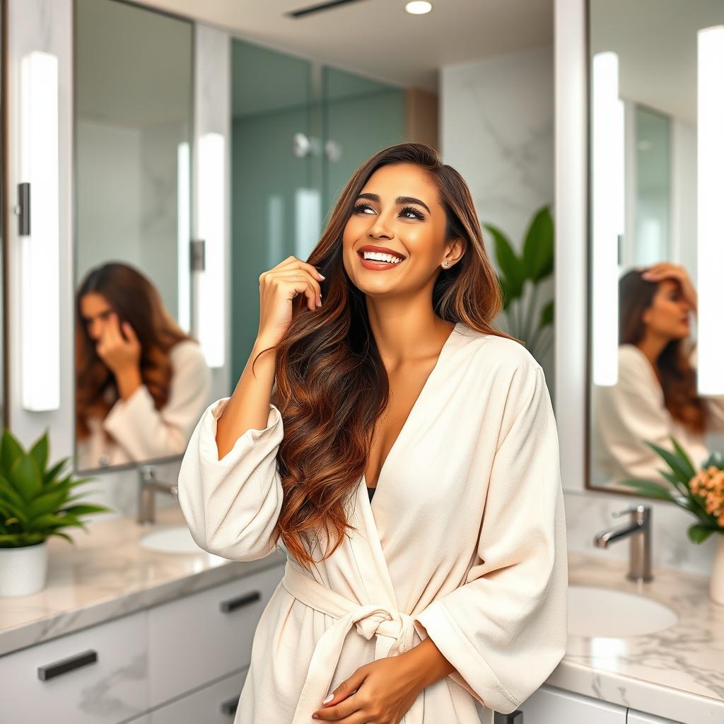 A realistic woman caring for her hair in a modern bathroom, wearing a long robe and looking happily at herself in the mirror