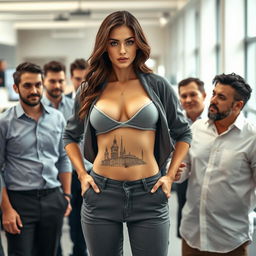 A determined female architect confidently wearing a tight open top and low-waisted pants, showcasing her stylish figure