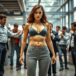 A determined female architect confidently wearing a tight open top and low-waisted pants, showcasing her stylish figure