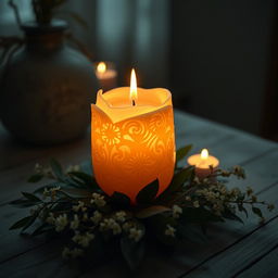 A beautifully designed candle with intricate patterns on its surface, glowing gently in a dimly lit room