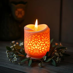A beautifully designed candle with intricate patterns on its surface, glowing gently in a dimly lit room