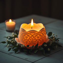 A beautifully designed candle with intricate patterns on its surface, glowing gently in a dimly lit room