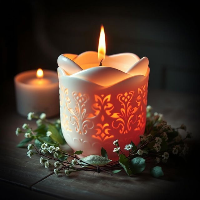 A beautifully designed candle with intricate patterns on its surface, glowing gently in a dimly lit room