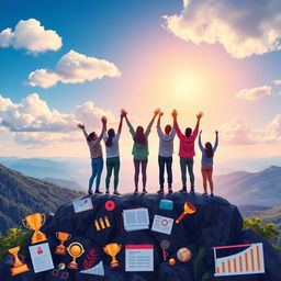 A vibrant and inspiring depiction of success, showcasing a diverse group of people celebrating on top of a mountain peak, overlooking a stunning valley