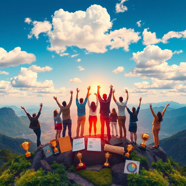 A vibrant and inspiring depiction of success, showcasing a diverse group of people celebrating on top of a mountain peak, overlooking a stunning valley