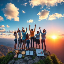 A vibrant and inspiring depiction of success, showcasing a diverse group of people celebrating on top of a mountain peak, overlooking a stunning valley