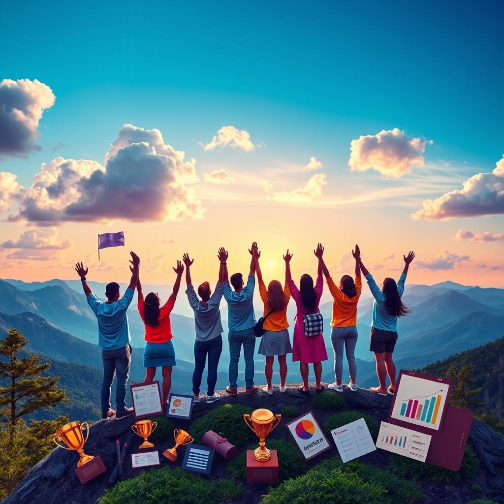 A vibrant and inspiring depiction of success, showcasing a diverse group of people celebrating on top of a mountain peak, overlooking a stunning valley