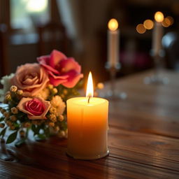 A beautifully designed image featuring a lit candle on a rustic wooden table