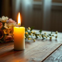 A beautifully designed image featuring a lit candle on a rustic wooden table