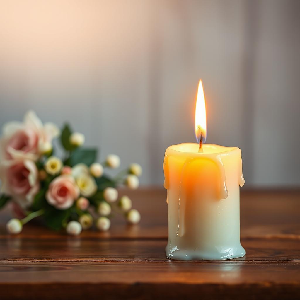 A beautifully designed image featuring a lit candle on a rustic wooden table