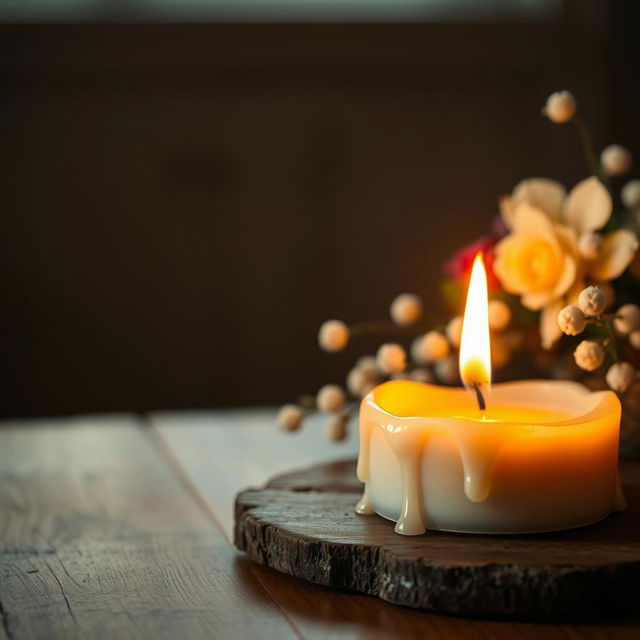 A beautifully designed image featuring a lit candle on a rustic wooden table