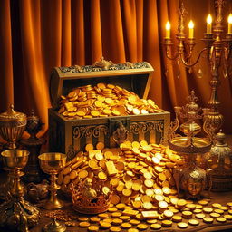 A luxurious and opulent scene that showcases an abundance of gold in various forms