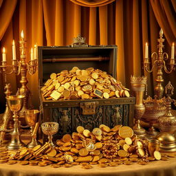 A luxurious and opulent scene that showcases an abundance of gold in various forms