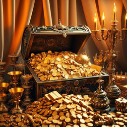 A luxurious and opulent scene that showcases an abundance of gold in various forms