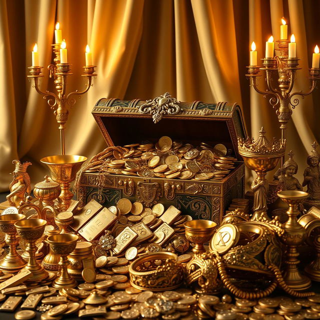 A luxurious and opulent scene that showcases an abundance of gold in various forms