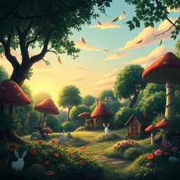 A whimsical forest scene inspired by Studio Ghibli, featuring lush greenery, oversized mushrooms, and magical creatures like spirits and gentle woodland animals