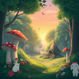 A whimsical forest scene inspired by Studio Ghibli, featuring lush greenery, oversized mushrooms, and magical creatures like spirits and gentle woodland animals