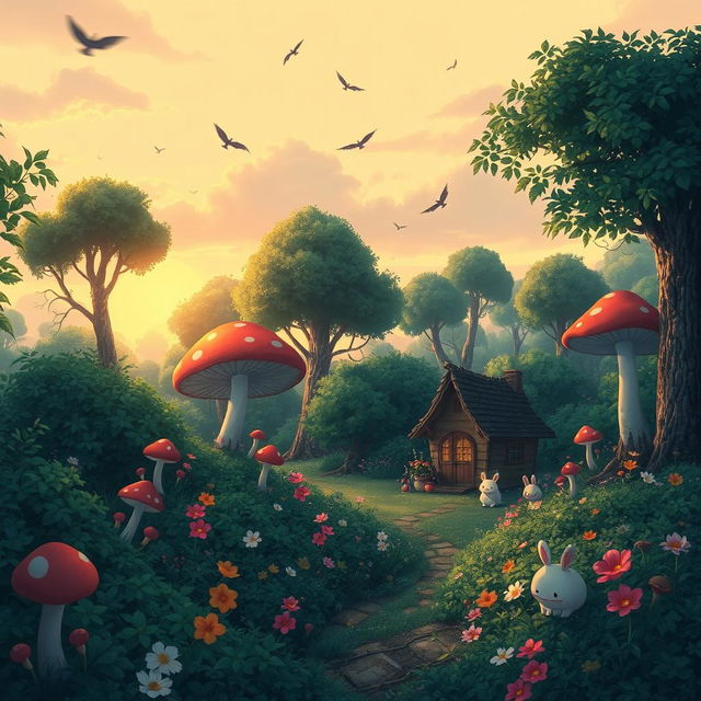 A whimsical forest scene inspired by Studio Ghibli, featuring lush greenery, oversized mushrooms, and magical creatures like spirits and gentle woodland animals