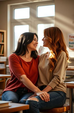 A romantic and intimate scene between two women, a teacher and her student, sitting closely together in a cozy classroom