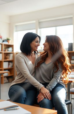 A romantic and intimate scene between two women, a teacher and her student, sitting closely together in a cozy classroom