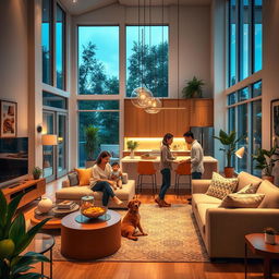 A beautifully designed modern home interior showcasing an open concept living space with elegant furniture, warm ambient lighting, and large windows bringing in natural light