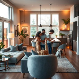 A beautifully designed modern home interior showcasing an open concept living space with elegant furniture, warm ambient lighting, and large windows bringing in natural light