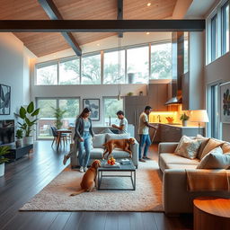 A beautifully designed modern home interior showcasing an open concept living space with elegant furniture, warm ambient lighting, and large windows bringing in natural light