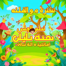 A vibrant and engaging YouTube thumbnail for a video titled "رحلة تعليمية في غابة المرح" (Educational Journey in the Jungle of Fun)