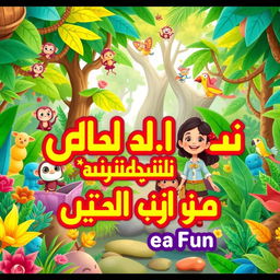 A vibrant and engaging YouTube thumbnail for a video titled "رحلة تعليمية في غابة المرح" (Educational Journey in the Jungle of Fun)