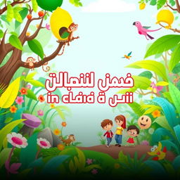 A vibrant and engaging YouTube thumbnail for a video titled "رحلة تعليمية في غابة المرح" (Educational Journey in the Jungle of Fun)