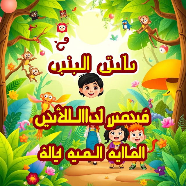 A vibrant and engaging YouTube thumbnail for a video titled "رحلة تعليمية في غابة المرح" (Educational Journey in the Jungle of Fun)