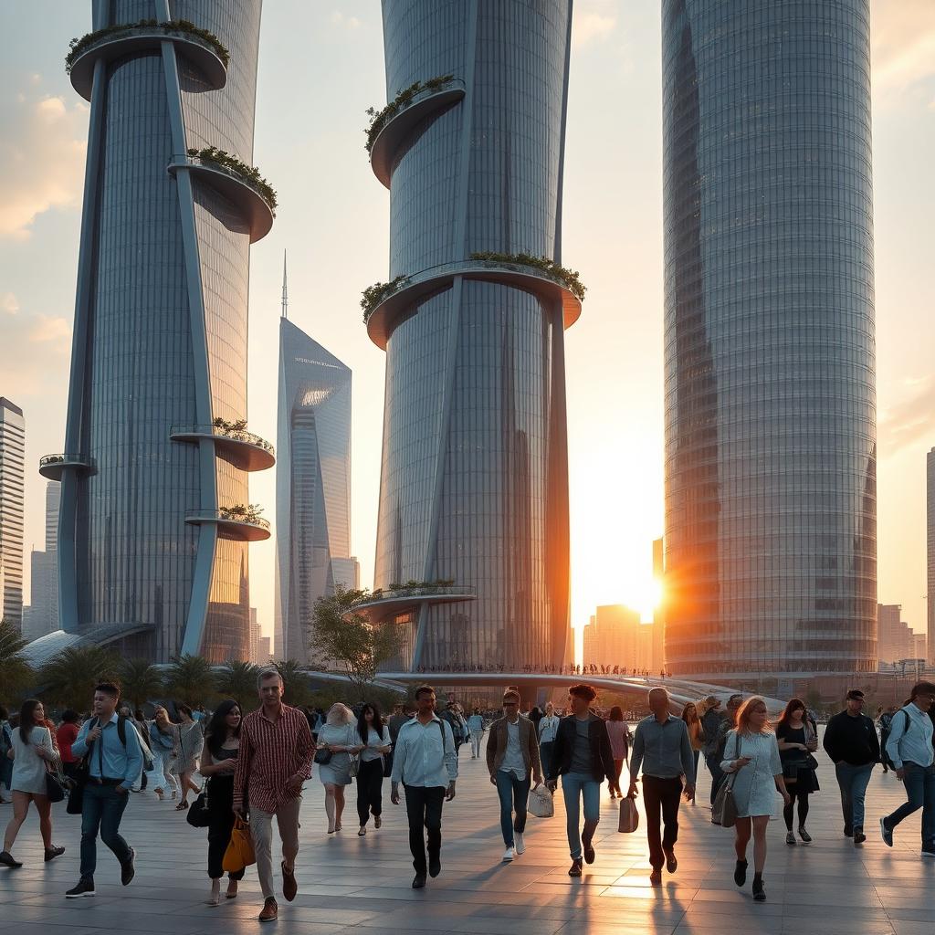 A stunning architectural masterpiece featuring a futuristic skyscraper in an urban setting, with humans interacting harmoniously within the scene