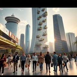 A stunning architectural masterpiece featuring a futuristic skyscraper in an urban setting, with humans interacting harmoniously within the scene