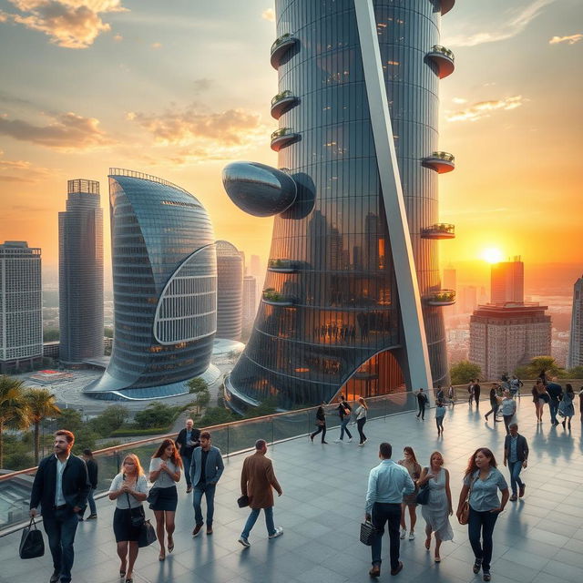 A stunning architectural masterpiece featuring a futuristic skyscraper in an urban setting, with humans interacting harmoniously within the scene