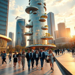 A stunning architectural masterpiece featuring a futuristic skyscraper in an urban setting, with humans interacting harmoniously within the scene