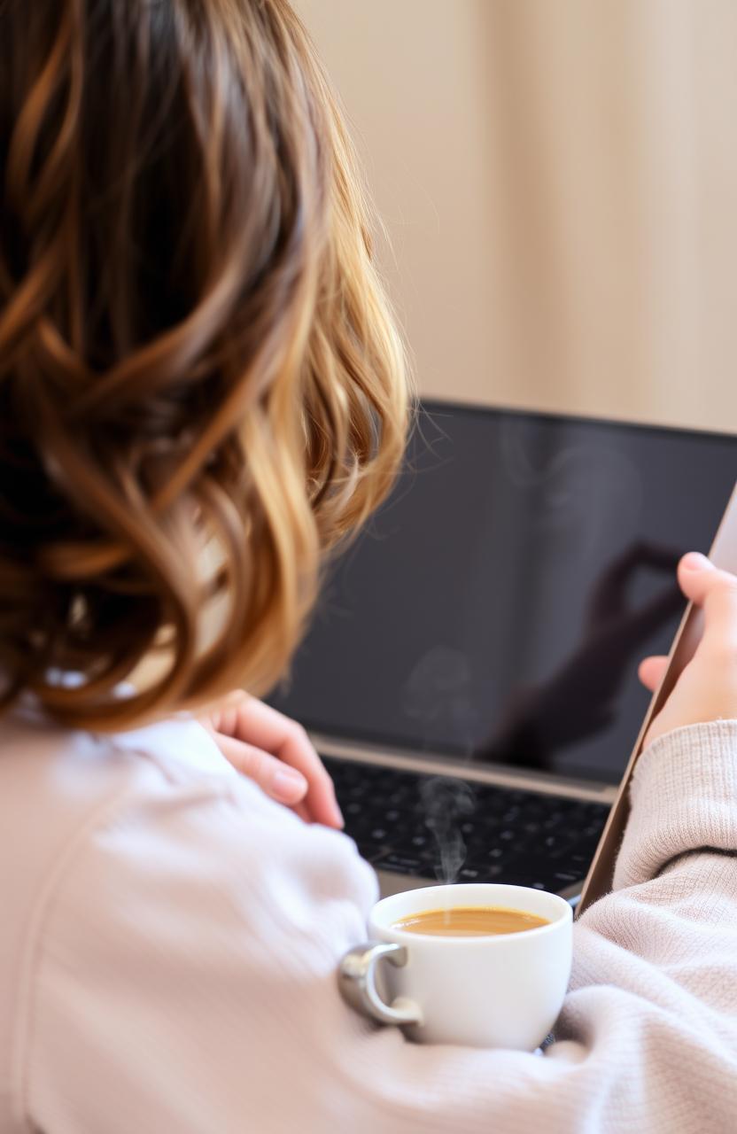 A girl from behind with wavy brown hair, intently typing on a sleek laptop