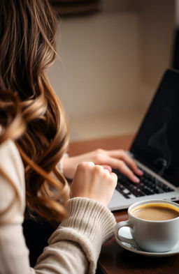 A girl from behind with wavy brown hair, intently typing on a sleek laptop