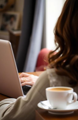 A girl from behind with wavy brown hair, intently typing on a sleek laptop