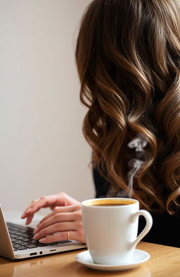A girl from behind with wavy brown hair, intently typing on a sleek laptop