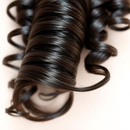 A single, beautifully detailed strand of curly hair, capturing the intricate textures and shine of the hair shaft