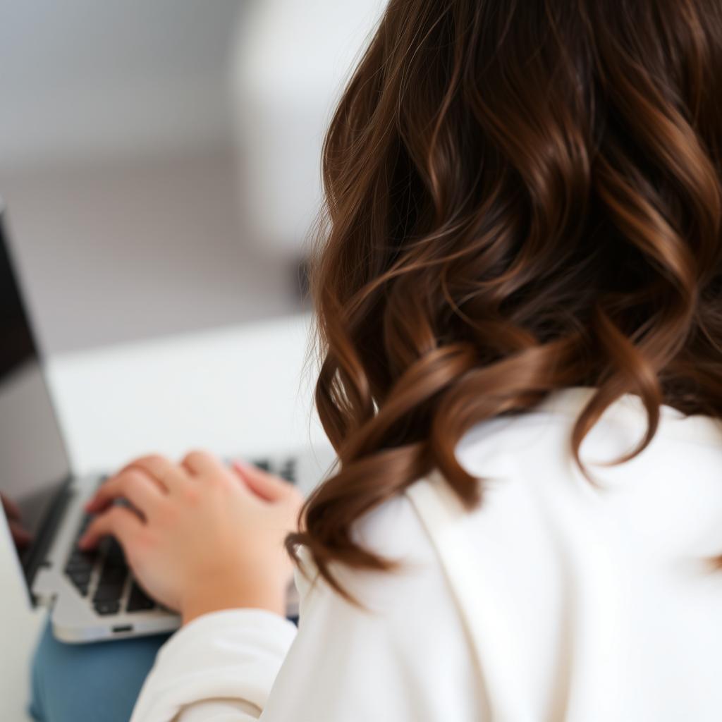 A girl from behind with wavy brown hair, focused on typing on a sleek laptop