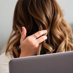 A girl from behind with wavy brown hair, focused on typing on a sleek laptop