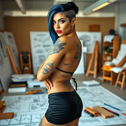 A hot female architect confidently wearing a daring micro skirt that accentuates her figure