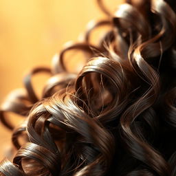 A close-up of a long, defined curly hair strand, showcasing its texture and shine