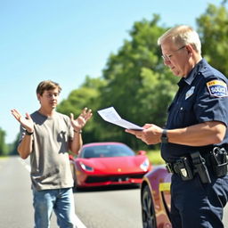 A frustrated driver standing next to their car by the roadside, receiving a speeding ticket from a police officer