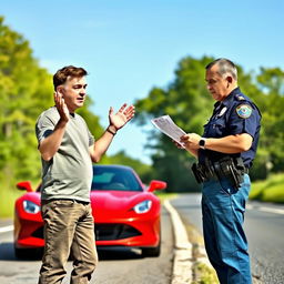 A frustrated driver standing next to their car by the roadside, receiving a speeding ticket from a police officer
