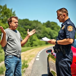 A frustrated driver standing next to their car by the roadside, receiving a speeding ticket from a police officer