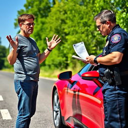 A frustrated driver standing next to their car by the roadside, receiving a speeding ticket from a police officer