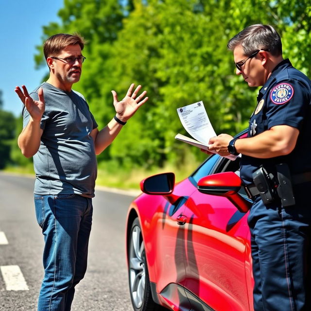 A frustrated driver standing next to their car by the roadside, receiving a speeding ticket from a police officer